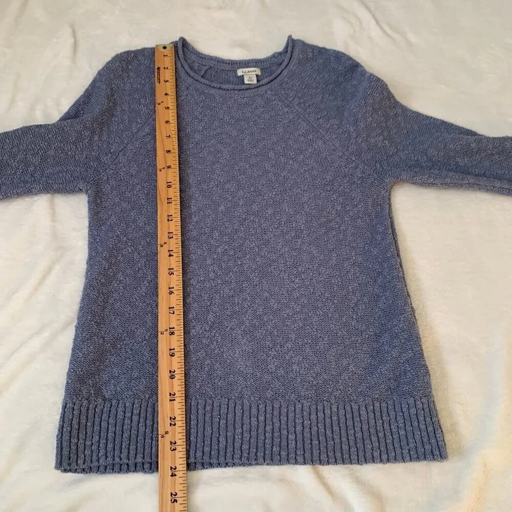 L.L.Bean Textured Bouclé Knit Sweater Women XS Petite Blue Raglan Sleeve‎ Cotton